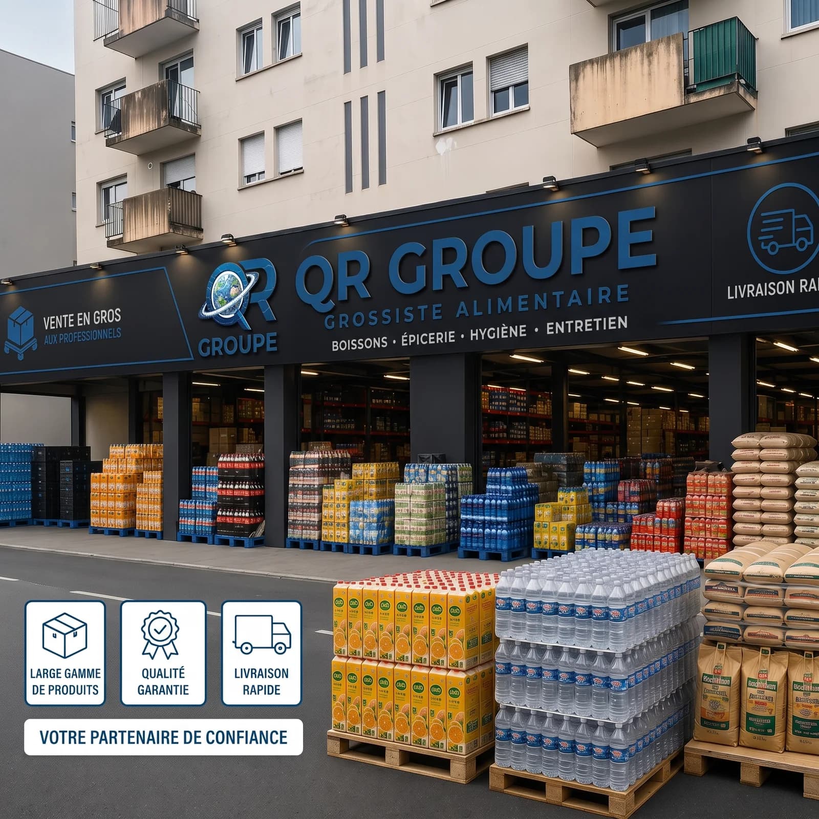 Le dépôt QR GROUPE à Mulhouse, palettes de boissons et d'épicerie devant l'enseigne
